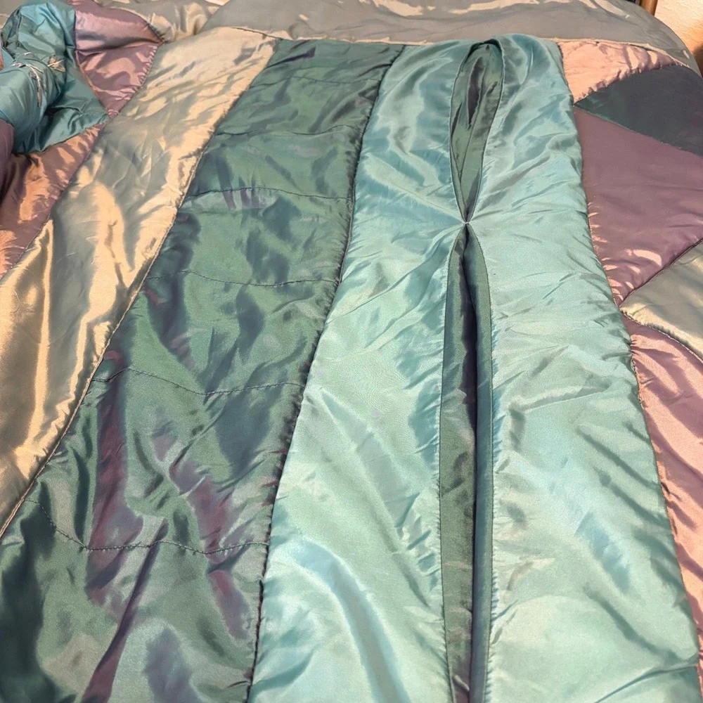 Iridescent Satin Patchwork Comforter Teal Purple Silver Embroidered Quilt Retro